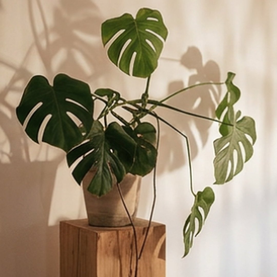 Monstera-Pflanze auf Holzsockel