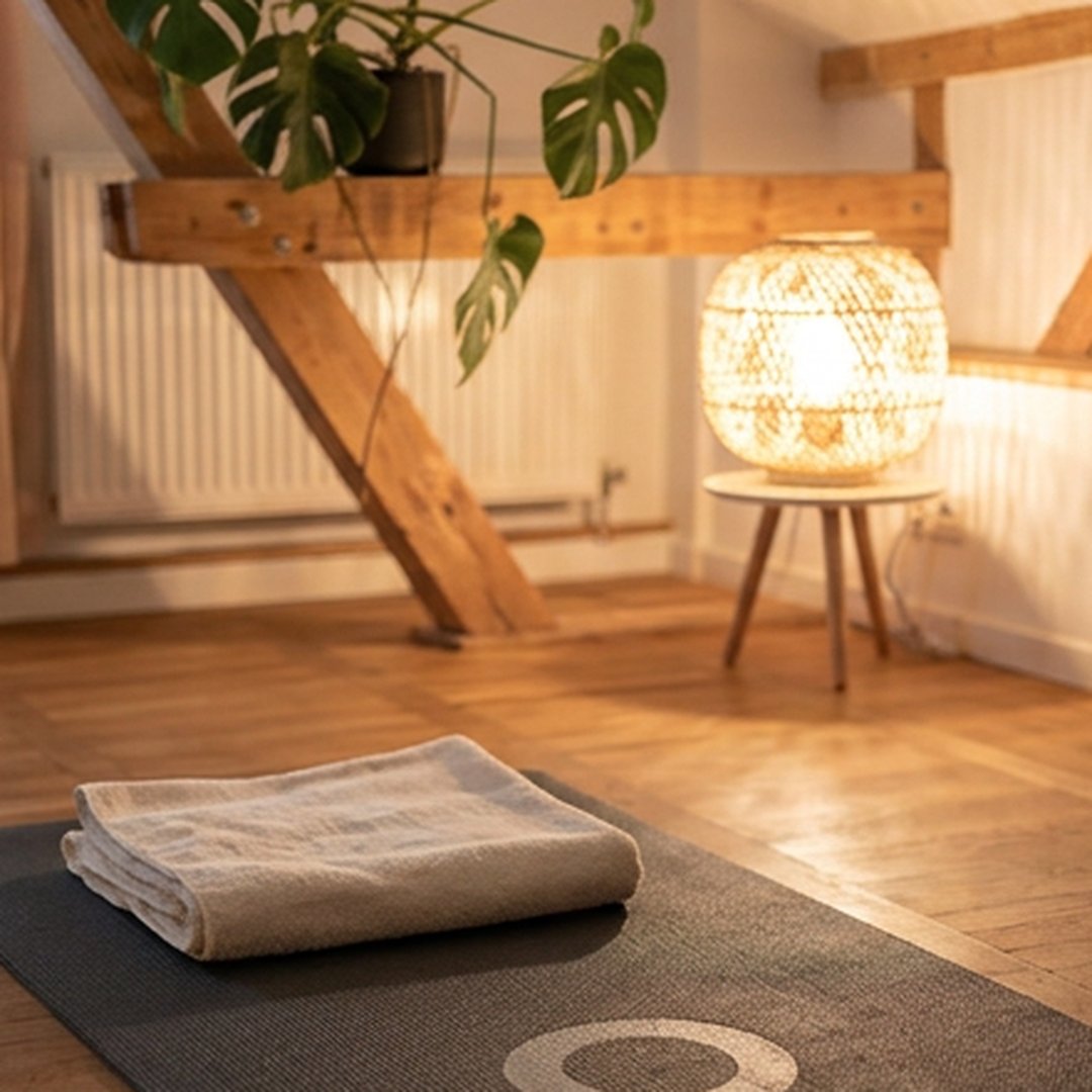 Yogamatte mit Handtuch und Lampe im Yogaraum